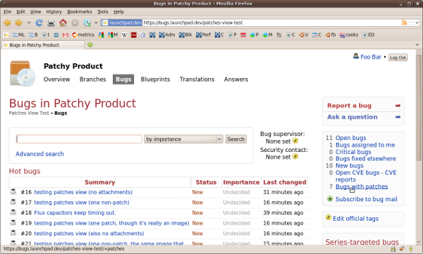 The product bugs page bugfilters portlet shows the number of bugs with patches.