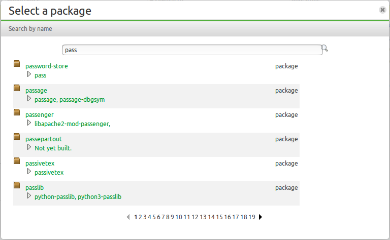 New package picker, showing search results for "pass"