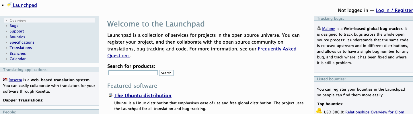 Launchpad home page in 2006